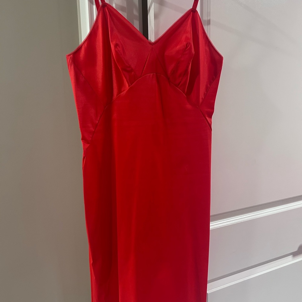 Vintage Van Raalte Red Satin Slip Dress with V-Neck and Adjustable Straps